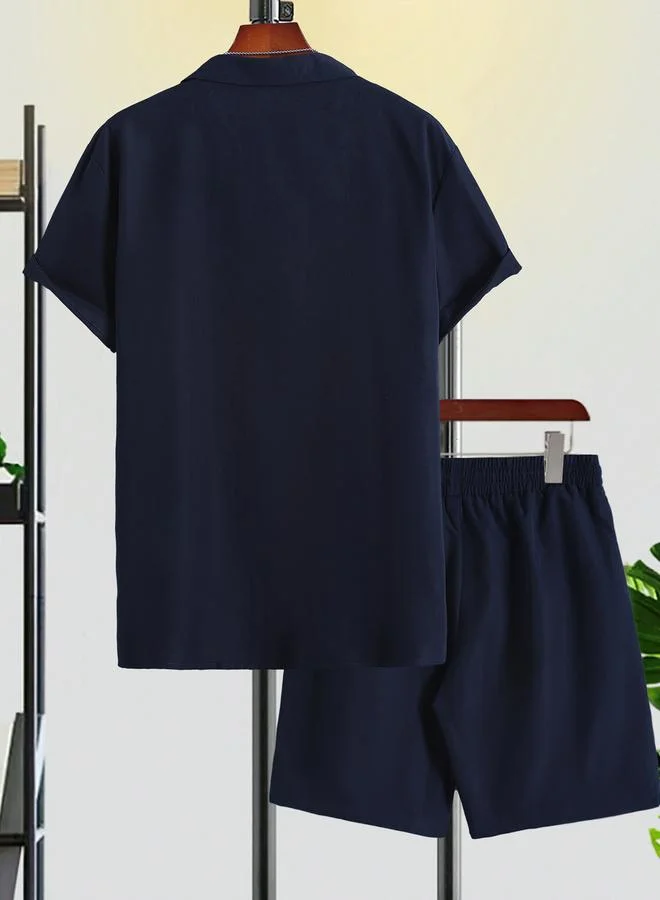 Take Two Men Navy Blue Printed Shirt and Shorts Co-Ords